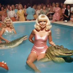 1972 Crocodile Rock, Tribute to Sandra Dee. An indoor swimming pool full of cheerful crocodiles, a frenzied partying audience, in the background and in the foreground a chubby young singer at the piano in a glittering costume