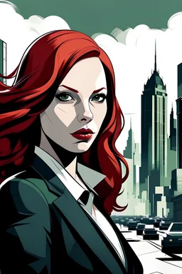 crime city background, young adult female portrait, mob boss, wavy red hair