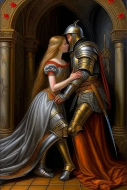 Historical oil painting expressing love The eternal between a princess and a knight Photorealistic