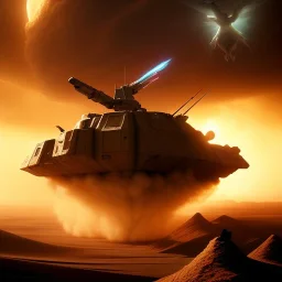 volumetric dramatic desert Battle scene with futuristic hovering military armored Hovercraft painted by chris foss, floating, 4k, 8k, Minutiae, highly detailed, pennant, hovering, stripes, sunset [duststorm, nimbus clouds]