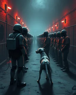Bosch painting style, nightmare , Ai robot prison guards with Ai robot dog watching a human prisoners lined up in line one after another inside a prison yard great quality picture with cinematic scenes ,