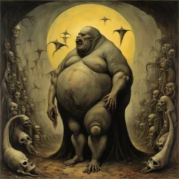 Expressionist Surreal sinister weirdness Style by Arnold Bocklin and Santiago Caruso and Graham Sutherland and Zdzislaw Beksinski, Dante's third level of hell = GLUTTONY, Agonizing HUNGER, symbolic art, diagonal composition, massively obese non-human radical bio deform, fat roll cellulite, masterpiece, strange inconsistencies and banal absurdities, eerie, weird colors, smooth, neo surrealism, colorful, by Gustav Dore