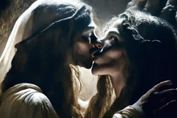 virgin girls and gloriás Jesus Christ flirtatiously kissing picture, rich in detail. They were loosely dressed. They are very much in love with Jesus On the edge of the abyss, where the eternal abyss is and everything is embraced around them by beings of light. There are also ape-men and big black shadows with hoods and stoles. 4K Blurred image of Jesus with a monkey head