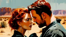 (redhead Scarlett Johansson) in the desert, hugging (chris evans) :: by Robert McGinnis + Jeremy Mann + Carne Griffiths + Leonid Afremov, black canvas, clear outlining, detailed