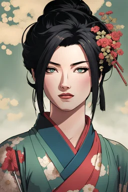 Asami Wayne, white skin, half Japanese's half europeion. black short hair, greenish blue eyes, age 22 years old, as a wondering ronin looking for revenge ageist her parents seven killers. Hiding the fact she's a woman due to Japan's Edo period not being kind or supportive of women's rights, dressing like a man hiding her feminate features, Edo time period accurate male ronin uniform black and dark gray, DC Comics Art Style