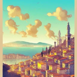 Skyline from Belvedere di spianata castelletto Genoa, Liguria architecture , Book illustration by Gediminas Pranckevičius, Jean Baptiste Monge, Brian Kesinger, Anton fadeev, Kilian Eng, strong lines, high contrast vibrant colors, highly detailed, 16k resolution, trending on behance