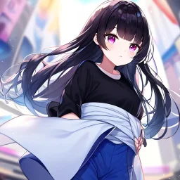 Clear focus,High resolution, Black long fluffy hair, and purple eyes, wearing a blue shorts,white shirt,black sweater wrapped around waist, Loli