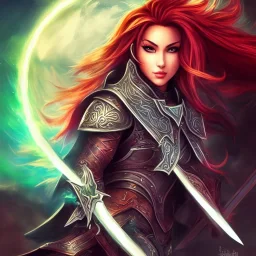 fantasy art style, female, attractive, 8k, full body, leather armors, full great sword, silver shoulder length hair, vibrant bright colorful silver eyes, slight scar on cheek, details,texture, detailed lightning, wrist guard armors, vibrant colors, no background