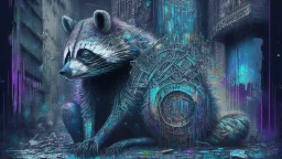 Graffiti trash panda; neo-surrealism dystopian eldritch elegant fantastical intricate hyperdetailed holographic magnificent meticulous mysterious ominous