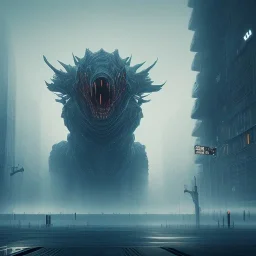 Kaiju, monster, humanoid, giant, ultra modern,futuristic, city, smoke, rain, digital illustration, fantasy, architecture, sharp focus, concept art, octane render, scary, 8 k