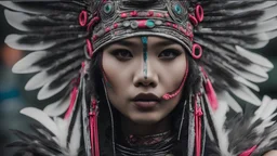 neon color a woman with a headdress, shot on 70mm, IBAN art, dracopunk, dark white and dark silver, Dayak art, close-up --ar 2:3 --s 100 --v 5.2📸