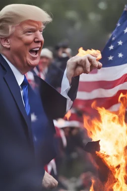 donald trump lights the american flag on fire while maniacally laughing