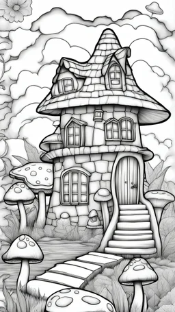 MANDELA STYLE .Mushroom houses Coloring Book for Adults and Kids, Instant Download, Grayscale Coloring Book112233666