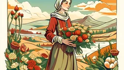 A slavic woman standing with a bouquet of flowers, with a beautiful land scape. Propaganda poster artstyle