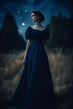 Under a starry dark blue sky woman in long nice vintage dress, dark deep colours, gothic, sharp focus, detalied, cinematic, atmospheric, weird, crepy stunning