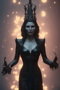 Famke Janssen as evil queen in black leather, cleavage, dominatrix, curvy, angry, stern look. character design by cory loftis, fenghua zhong, ryohei hase, ismail inceoglu and ruan jia. unreal engine 5, artistic lighting, highly detailed, photorealistic, fantasy