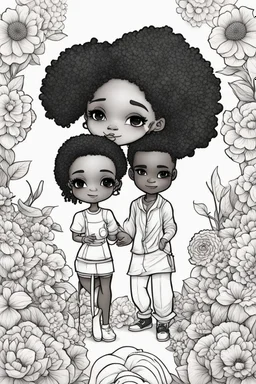 create a outlined coloring page of a chibi black characters of a couple surrounded by flowers. Pay attention to the details of the faces and flowers and the emotions conveyed by the couple. White background, sketch style, half of body, use outline, Mandala style, clean line art, no shadows, no coloring, no shading, no grey.