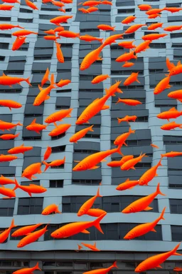 A crazy surreal incandescent building with flying fishes by artist "Sandy Skoglund",by artist "Victor Enrich"