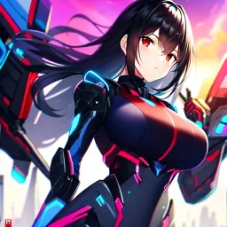 Clear focus, 8k, mech girl, high quality, detailed, black hair, red eyes, beautiful lighting, vibrant colors,