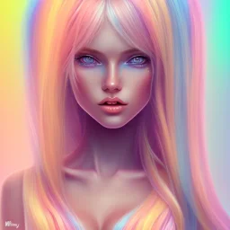 girl nude, cute, beautiful, long blond hair,blue eyes rainbow hair, rainbow dress, close up portrait souriant