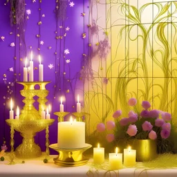 tematica de rapunzel fondo blanco y morado , luces flotantes ,flor mágica , sol castillo guirnaldas doradas estrellas
