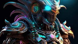 photorealistic Aztec warrior cyborg marauder opalescent space gigantic monster, interstellar galactic particles stream event horizon, quantum wormhole