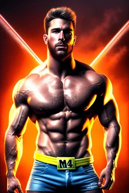 Ignore NSFW, teenager young rugged attractive slightly muscular fantastic handsome man, red briefs with yellow belt, hairy chest, (((visibly pisssing))) briefs, large erect visible boner peniss, photorealistic, artist Jay Anacleto, soft lighting, scruffy beard