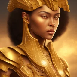 young african woman, short dark hair with golden highlights, ancient ((Egypt)),whole body, ancient armor, lion, golden jewelry, flames as clouds, magnificent, majestic, highly intricate, incredibly detailed, ultra high resolution, complex 3d render,