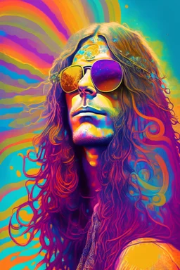 Atreyu hippie cosmic with long hair and sunglasses of color