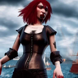 spanish illustrator, hyper realistic, young spanish girl, hair white short . blue eyes. lips red with blood. tatoos on neck. dressed in leather and metal bra. Tintoretto ships. pirate movies, high details, thunderstorm. 4k, unreal engine