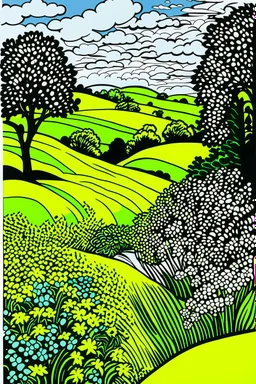 A neon green hilly fields with flowers painted by Roy Lichtenstein