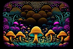 saturated black light colors. millions of distorted strange dots art detailed mystical trippy ultra saturated neon detailed look into an old wise gnome holding mushrooms next to a fire in the glowing mushroom forest, but a hallway of mushrooms. (Retro Art Nouveau). Art deco mushroom border. DMT like entities. aliens and mythical creatures melting faces. white swirls in the blank space creating an illusion for your mind tripping balls