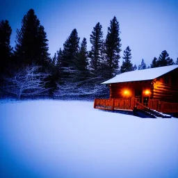 mystery cabin in the snow at night