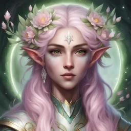 Generate a dungeons and dragons character portrait of the face of a female spring Eladrin. She is a circle of the Stars Druid, Twilight Cleric. Her hair is off-white to pink and voluminous. Her skin is very pale. Her eyes are green. She wears a dainty circlet made of silver coated branches with pink, white, and yellow flowers.