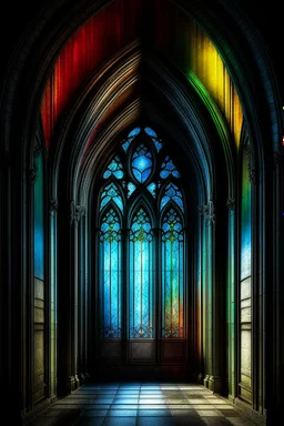 lancet window to the portal, gothic, An Illusion -- mystical haze masterpiece hyperrealism,ultradetalization, panarama, perspective,illustration, clear outline,fantasy,dark fantasy,dark full colors,detailed, bright, colorful, volumetric 9d,noir,background-black,professional photo,high detail,high resolution, realistic,ISO/300.8k,beautiful, 40mm lens,f/3.8,deep detail drawing