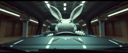 car driving happy 2d anime fluffy alien hippo bunny man in the style of Escher and Giger and Fallout 4, pinhole cam, airbrush 3d rendering, on tv screen:A five-second cinematic single take in a clean industrial presentation hall.