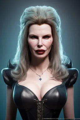 Kim Basinger as evil queen in black leather, busty, cleavage, curvy, angry, stern look. character design by cory loftis, fenghua zhong, ryohei hase, ismail inceoglu and ruan jia. unreal engine 5, artistic lighting, highly detailed, photorealistic, fantasy