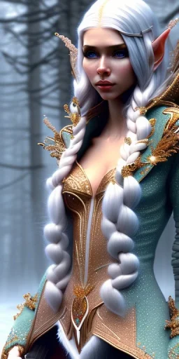 Cute female elven adventurer with ultradetailed SMALL elven ears with adorable symmetric face and straight hair dressed in a warm overcoat with survival gear and wearing boots on the floor, in style of Cedric Peyravernay Art, microdetails --ar 2:3 --beta --upbeta --upbeta