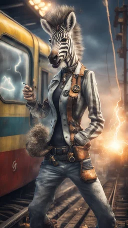 hypnotic portrait of a zebra yoga instructor and flashy magazine cover illustration, fallout 4 docks setting, horror weird cowboy wizard cyberpunk weasel in female garments on top of train ,holding dynamite, getting hit by lightening electric arc, with big disturbed eyes,bokeh like f/0.8, tilt-shift lens 8k, high detail, smooth render, down-light, unreal engine, prize winning