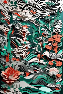 Abstract paper-cut artwork, Ukiyo-e inspired, Intricate paper cuts forming an abstract representation of a traditional Japanese garden, blending with Scandinavian design elements, creating a visually captivating JAPANDI modern ART piece.