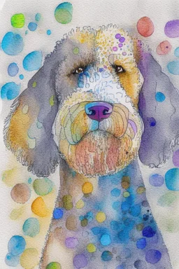 abstract watercolour of the head of bernadoodle dog in the style of paul klee with circles of colour and pencil outlines