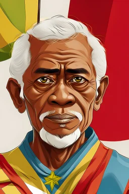 sebuah ilustrasi wajah kakek tua lagi memegang Bendera Timor Leste. Ada Tulisan "FROM EAST TIMOR", warna yang menonjol, background hitam