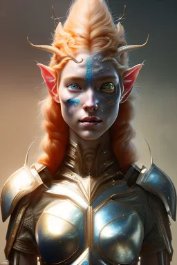 painting of an elven young woman with short light orange hair and freckles and tree tattoos on his cheekbones light armor, full body, ultra realistic, concept art, intricate details, eerie, highly detailed, photorealistic, octane render, 8 k, unreal engine. art by artgerm and greg rutkowski and charlie bowater and magali villeneuve and alphonse mucha