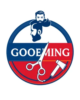 A round logo for a men's grooming salon with a groom vector at the top of the logo and a scissors vector, razor vector, and hair dryer vector at the bottom in a blue, red, white, and gold color theme.