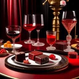 Crystal plates containing various types of chocolate and two glasses of bright red juice on a luxurious table