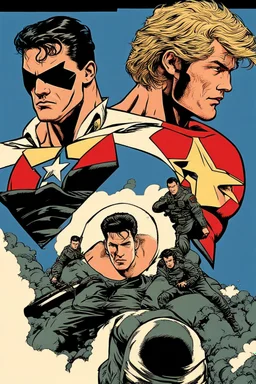 20-year-old, extremely muscular, short, curly, buzz-cut, military-style haircut, pitch black hair, Paul Stanley/Elvis Presley/Keanu Reeves/Pierce Brosnan/Jon Bernthal/Sean Bean/Dolph Lundgren/Patrick Swayze/ hybrid, as the extremely muscular Superhero "SUPERSONIC" in an original patriotic red, white and blue, "Supersonic" suit with an America Flag Cape,