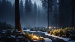 fir forest scenery, heavy mist,,creek,forest,christmas ,tree,fireflies,night,snow,fir tree,high-quality photograph,photorealistic, shot on Hasselblad h6d-400c, zeiss prime lens, bokeh like f/0.8, tilt-shift lens 8k, high detail, smooth render, unreal engine 5, cinema 4d, HDR, dust effect, vivid colors,night