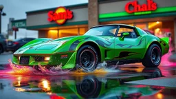 suped up 1979 corvette stationwagon green with black flames outlined with a thin red pinstripe, in front of Sam's club, SuperSport car, impressive, VIP, award winning, detailed a colorful splash of steampunk bubbles , amazing splashscreen artwork, photoshop water art, liquid painting, swirling paint colors, ink splash, physics splashes of colors, colorful swirls of paint, paint splashes, swirling paint, painting of splashing water, splashes of liquid, cgsociety saturated colors,