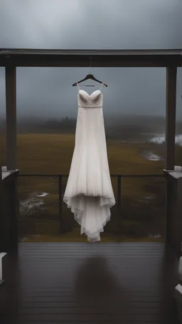 A wet washed wedding dress hanging on a rob in a stormy foggy sky in the background