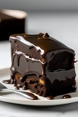 single slice of moist chocolate cake covered in a smooth layer of chocolate ganache